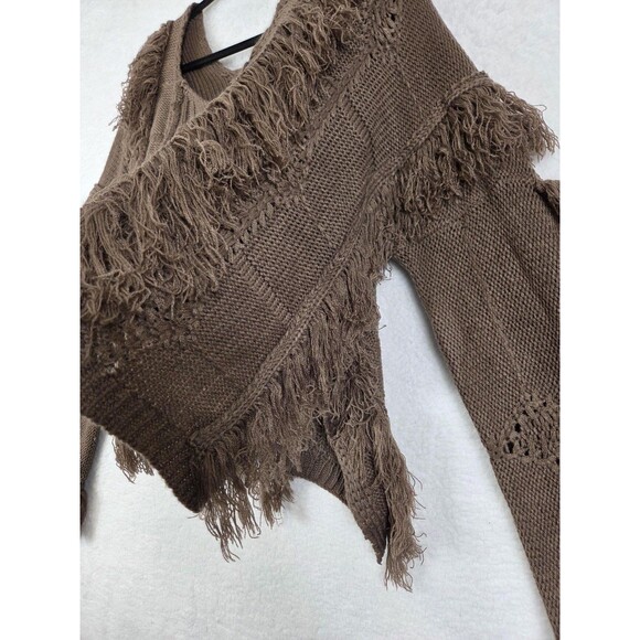 Womens Sweater S/M Brown Cropped Fringe Cable Knit Boho Pullover Oversized Rodeo - Picture 6 of 11